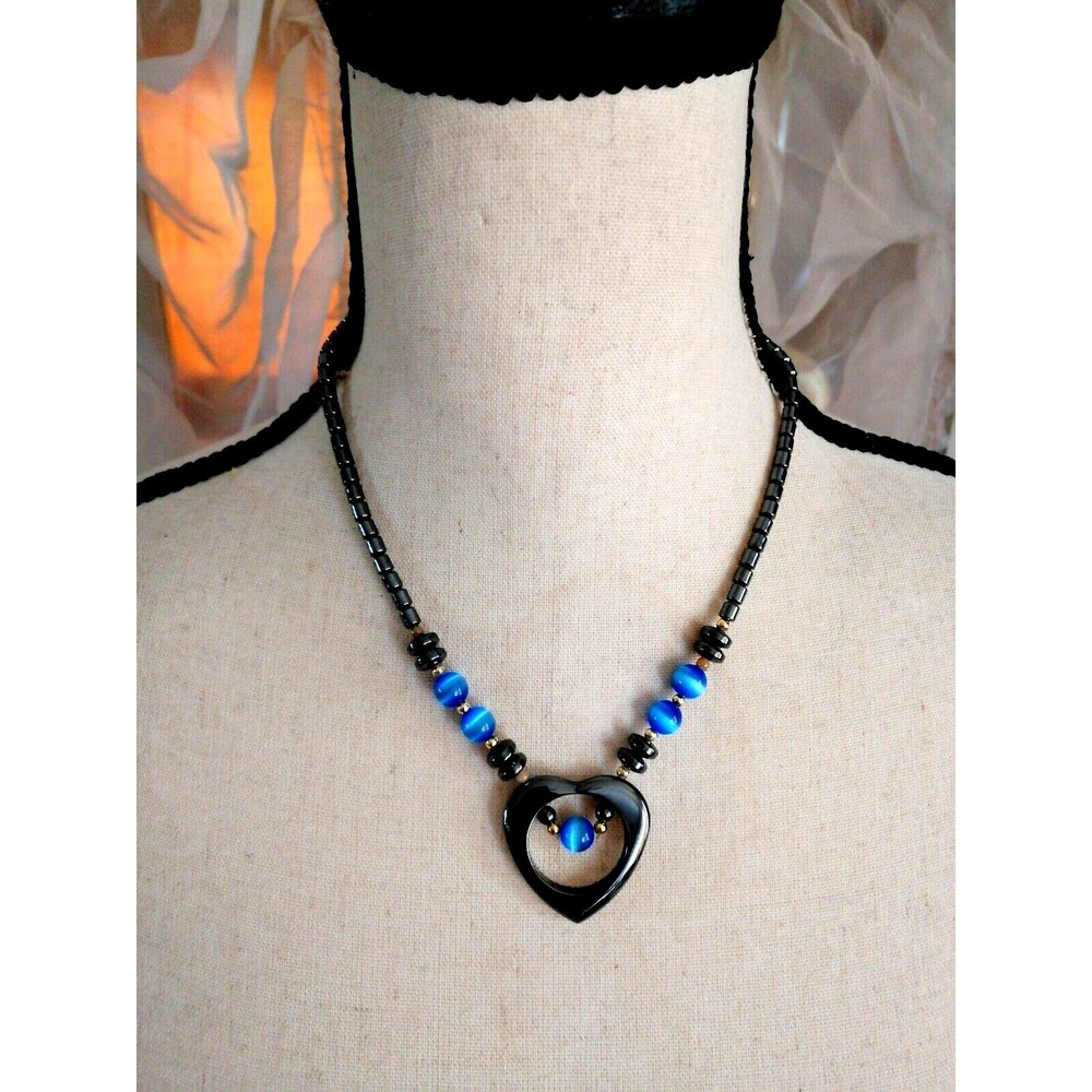 Vintage Hematite Blue Art Glass Beads Heart Collar Necklace